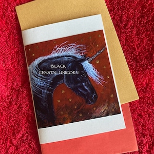 LICORNE CRISTAL NOIR - carte vierge licorne embellie sur papier cartonné perle blanche avec enveloppe or ou rouge 4 x 6 po