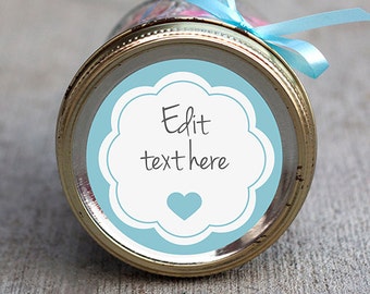 Étiquette imprimable coeur modifiable | Label bleu festonné mason jar | Étiquette de cadeau personnalisable | Étiquette de douche de bébé | Étiquette de cadeau bébé garçon parti faveur