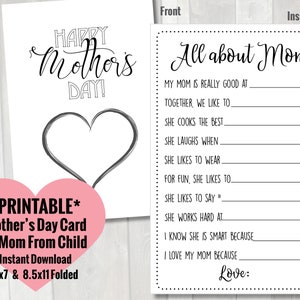 Tarjeta del día de la madre del niño / Tarjeta imprimible del cuestionario Todo sobre mamá del niño / Tarjeta del día de la madre preescolar para niños pequeños Página para colorear