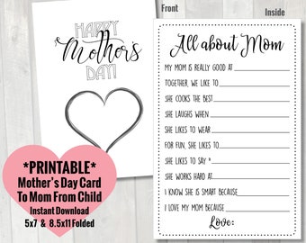 Mother's Day Card from Child | Printable All About Mom Questionnaire Card from kid | Toddler Preschool Mother's Day Card Coloring page