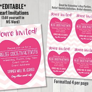 Druckbare bearbeitbare Herzeinladungen | Valentinstag Party Einladungen | Brautparty lädt ein | LDS Frauenhilfsvereinigung / YW Aktionsflyer