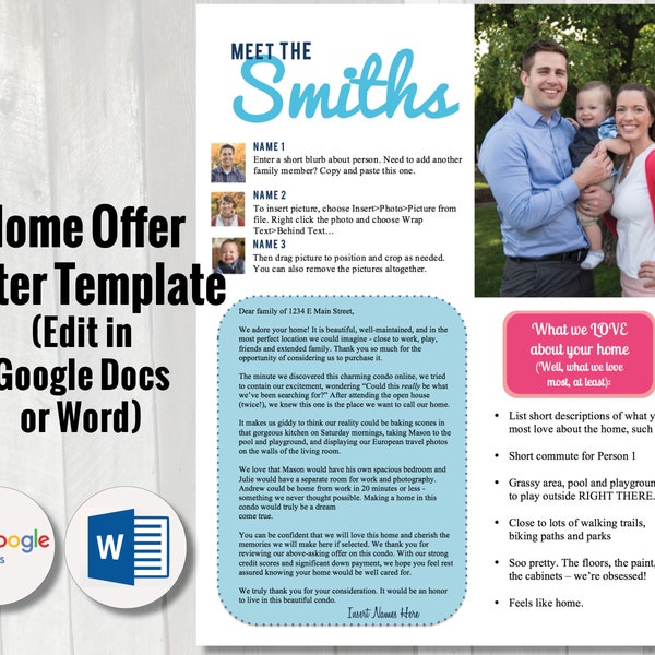 EDITABLE Home Offer Letter | Customizable Cover Letter to Seller | Google Doc Home Offer Letter Template | Home Offer Cover Letter