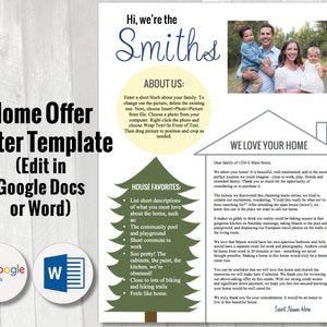 EDITABLE Home Offer Letter Template | Customizable house offer cover letter | Rental application letter | Letter to seller | Google Docs