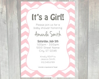 Chevron pink baby shower invitation - printable | It's a girl baby shower invite | Pink and white baby shower invitation
