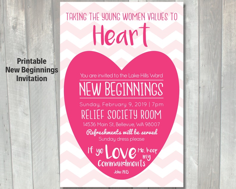 LDS Young Women New Beginnings Invitation 2019 theme YW in Excellence If ye love me Keep my commandments Mormon Young women values image 1