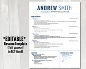 Editable Resume Template | Customizable Resume Instant Download | Professional Resume | Professional Word Resume Template Outline | Modern