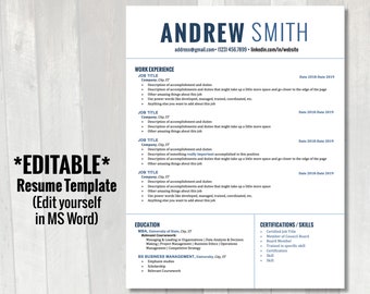 May include: A resume template with a woodgrain background. The template is titled "*EDITABLE* Resume Template (Edit yourself in MS Word)". The resume is for Andrew Smith and includes sections for work experience, education, and certifications/skills.