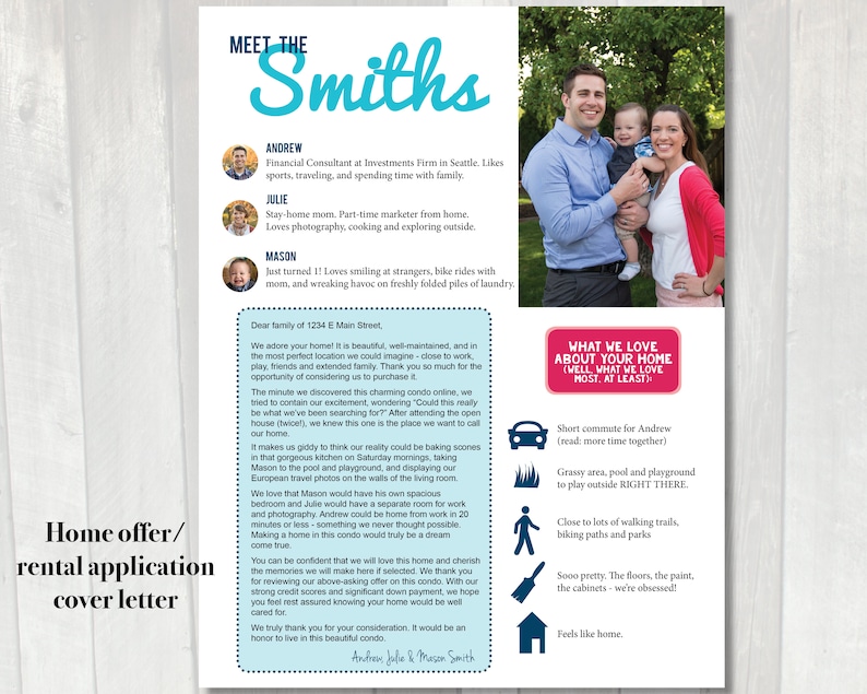 May include: A family of three poses for a photo in front of a light blue background. The family is smiling and looking at the camera. The text "Meet the Smiths" is at the top of the image. The text "What we love about your home (well what we love most, at least)" is in a pink box with a white border. The text is followed by a list of reasons why the family loves the home. The text "Home offer/rental application cover letter" is in a blue box with a white border. The text is followed by a letter from the family to the landlord.