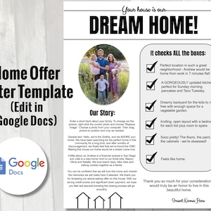 Plantilla de carta de oferta de inicio / Carta editable de Google Docs al vendedor / Carta de presentación de oferta de casa personalizable / Carta de solicitud de alquiler /