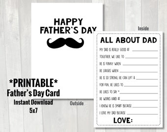 Biglietto per la festa del papà - Tutto su papà / Download istantaneo stampabile / Biglietto per la festa del papà di bambini e bambini in età prescolare / Questionario per la festa del papà