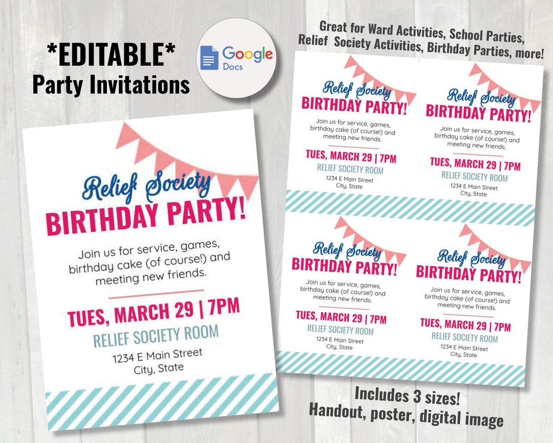 Relief Society Birthday Party Invitations | Editable Ward Party ...