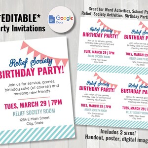 Relief Society Birthday Party Invitations | Editable Ward party handouts | Relief Society activity invitations, Young women activity invites