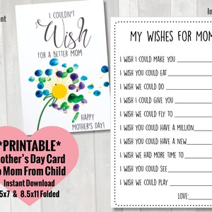 Tarjeta del día de la madre del niño / Tarjeta de cuestionario de deseos imprimible para mamá del niño / Tarjeta del día de la madre preescolar para niños pequeños página para colorear artesanal