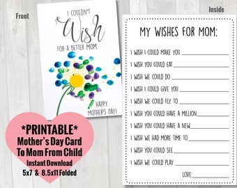 Mother's Day Card from Child | Printable Wishes for Mom Questionnaire Card from kid | Toddler Preschool Mothers Day Card craft coloring page