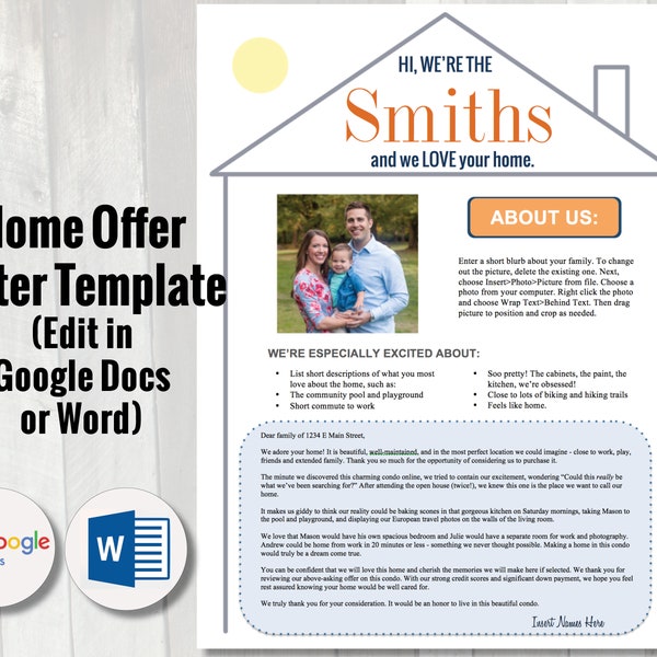 Home Offer Letter Template | Google Doc / Word Editable Letter to Seller | cover letter | House buying offer letter | Rental application