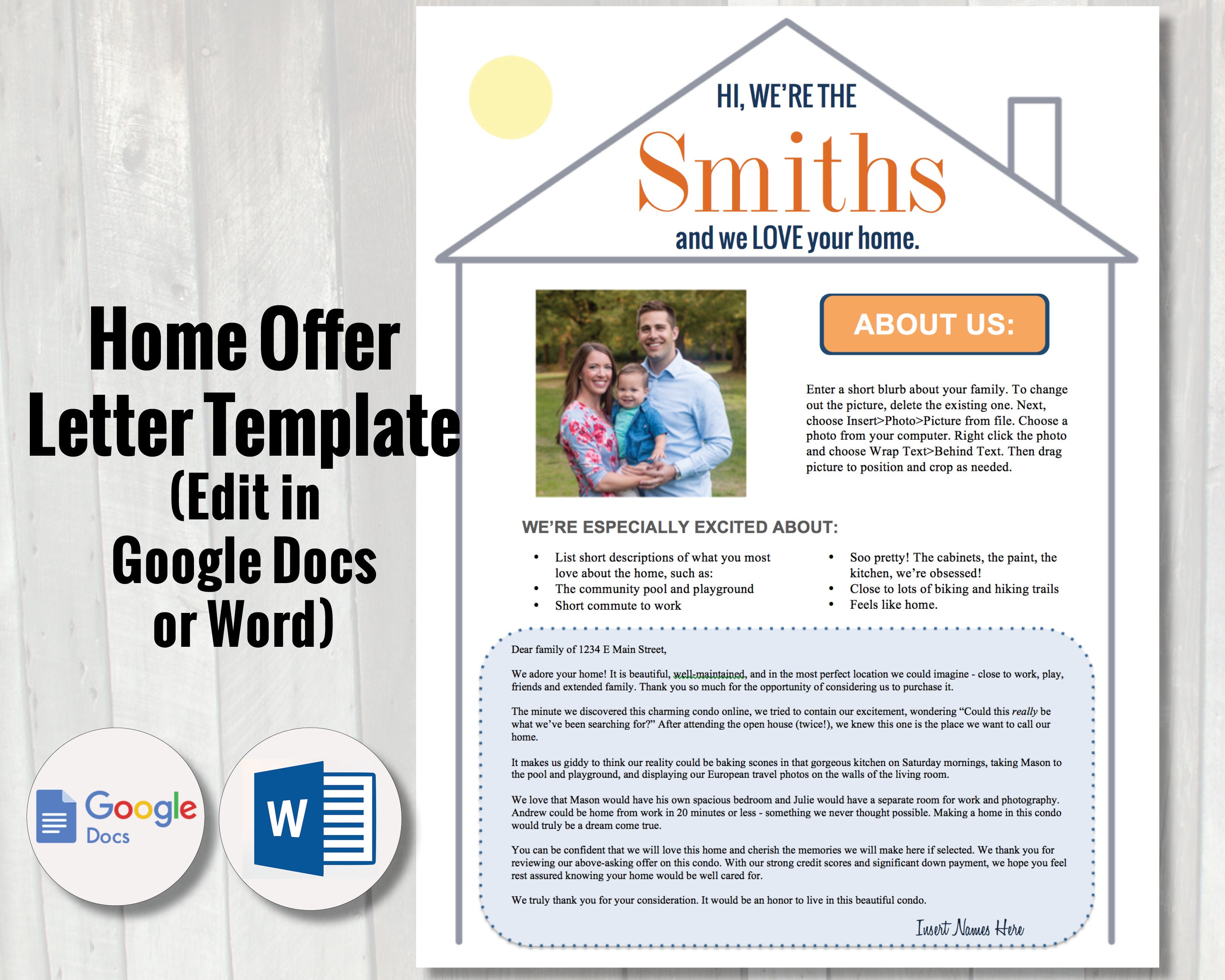 Home Offer Letter Template  Google Doc / Word Editable Letter to Seller   cover letter  House buying offer letter  Rental application With Home Offer Letter Template