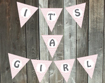 Printable It's a Girl pennant banner | pink chevron baby shower flag bunting | instant download