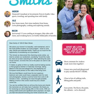 May include: A family of three poses for a photo in front of a green leafy background. The family is smiling and holding each other. The text "Meet the Smiths" is at the top of the image. The text "What We Love About Your Home (Well, What We Love Most, At Least):" is at the top right of the image. The text "Short commute for Andrew (read: more time together)" is at the bottom left of the image. The text "Grassy area, pool and playground to play outside RIGHT THERE." is at the bottom left of the image. The text "Close to lots of walking trails, biking paths and parks" is at the bottom left of the image. The text "Sooo pretty. The floors, the paint, the cabinets - we're obsessed!" is at the bottom left of the image. The text "Feels like home." is at the bottom left of the image. The text "Andrew, Julie & Mason Smith" is at the bottom right of the image.