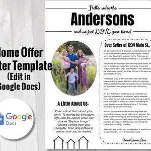 Plantilla de carta de oferta de inicio / Carta editable de Google Docs al vendedor / carta de presentación de oferta para comprador de casa / Solicitud de alquiler, carta de estimado vendedor