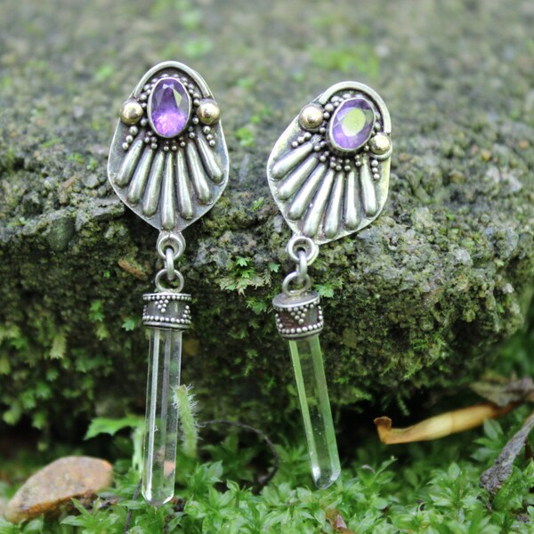 Vintage Faceted Amethyst Cabochon and Quartz Point Earrings //  Sterling Silver // Quartz Point //