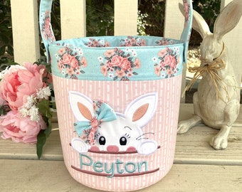 Fabric storage basket Easter basket easter bunny fabric basket floral basket coral pink white