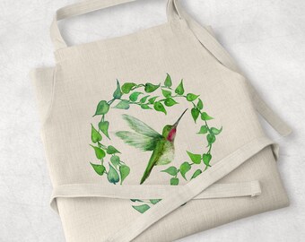 Apron for cooking, for baking, cleaning, gardening and more! Watercolor Hummingbird in Ivy Wreath