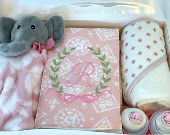 Personalized Baby Shower Gift Box, Gifts for Babies Burp Cloth, Hooded Towel, Baby Toy Lovey and More!