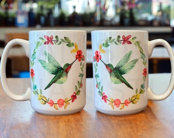 Hummingbird Ceramic Coffee Mug with Floral Wreath Design