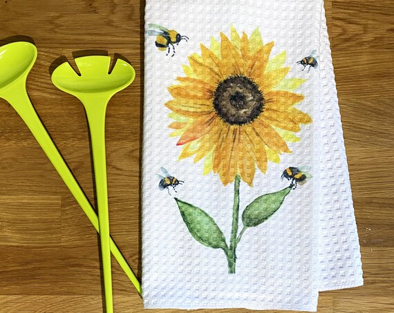 Sunflowers and Bees Dish Towel - Original Watercolor Kitchen Towel Tea Towel Dish Towel - 16''x27''
