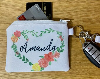 Personalized keychain wallet, Wristlet Credit Card Wallet, Coin Pouch, Boho Key Fob Pouch, Watercolor heart with name Mother's Day Gift