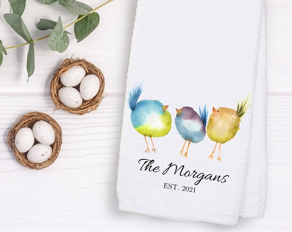 Happy Spring Three Birds Dish Towel - Original Watercolor Kitchen Towel Tea Towel Dish Towel - 16''x27''