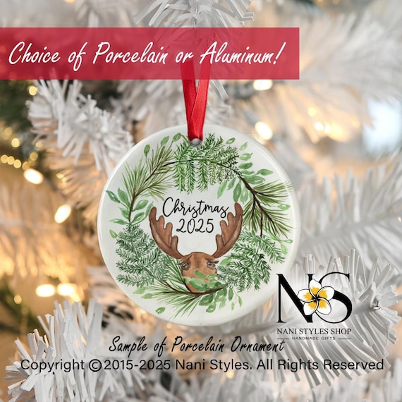 Watercolor Moose Christmas Ornament: Family Gift, Porcelain or Aluminum