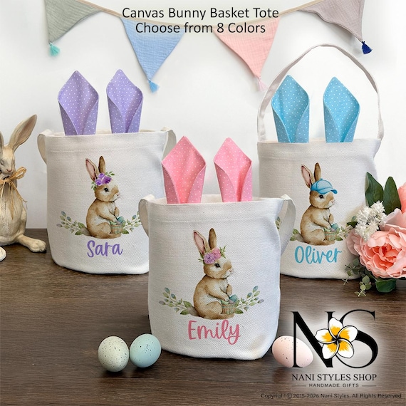 Personalized Easter Canvas Tote Basket with Vintage Bunny Print