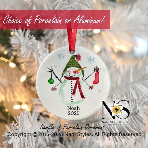 Personalized Watercolor Snowman Ornament: Porcelain or Aluminum Family Gift