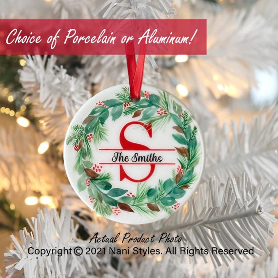 Personalized Family Name Christmas Ornament: Watercolor Wreath Design