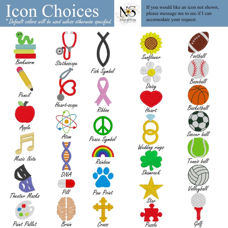 May include: A collection of embroidered icons, including a bookworm, stethoscope, fish symbol, sunflower, football, pencil, heart-scope, ribbon, daisy, baseball, apple, atom, peace symbol, heart, basketball, music note, DNA, rainbow, wedding rings, soccer ball, theater masks, pill, paw print, shamrock, star, tennis ball, paint pallet, brain, cross, puzzle, volleyball, and golf.