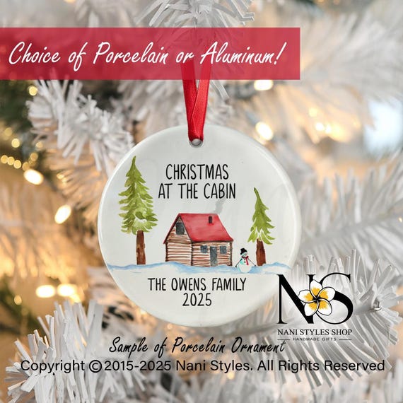 Personalized Watercolor Cabin Christmas Ornament: Family Keepsake