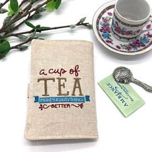 Tea wallet, Tea Holder, Tea Bag Wallet, Travel Tea bags carrier, "A Cup of Tea Makes Everything Better", Linen Cotton Tea Wallet