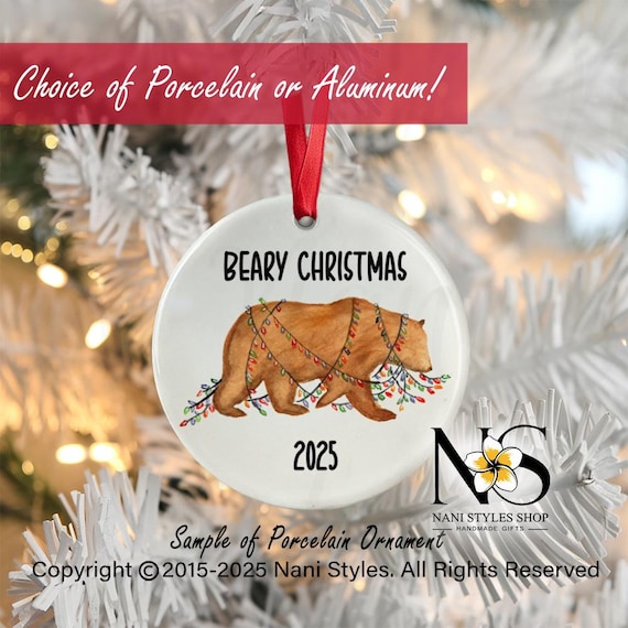 Personalized Bear Christmas Ornament: Watercolor Art, Custom Year