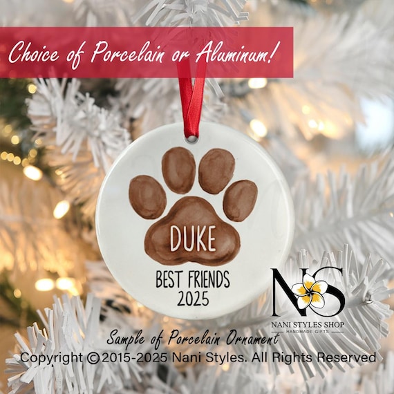 Personalized Dog Paw Christmas Ornament: First Christmas, Porcelain or Aluminum