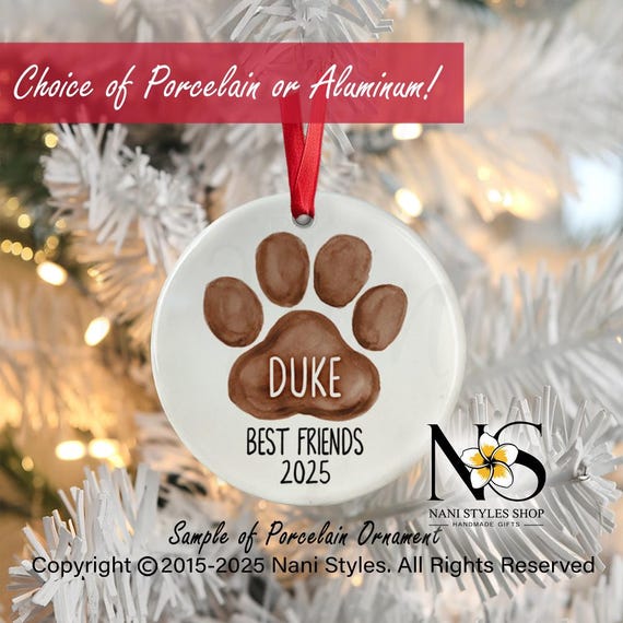 Personalized Dog Paw Christmas Ornament: First Christmas, Porcelain or Aluminum