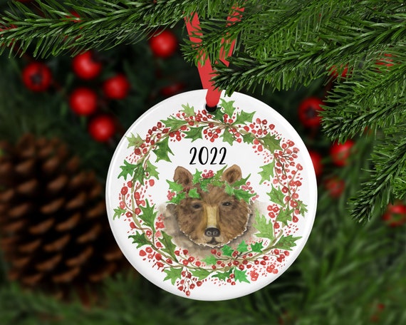 Bear in Holly Wreath Year Ornament