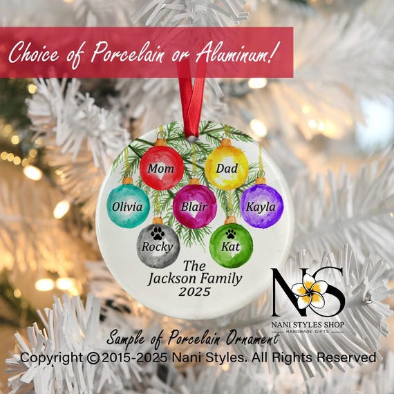 Personalized Family Names Ornament: Watercolor Pet & Baby Icons