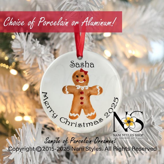 Personalized Gingerbread Ornament: Custom Name & Year, Porcelain or Aluminum