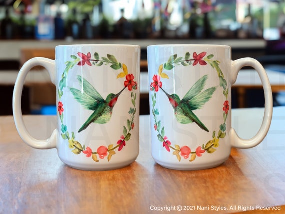 Hummingbird Ceramic Coffee Mug with Floral Wreath Design