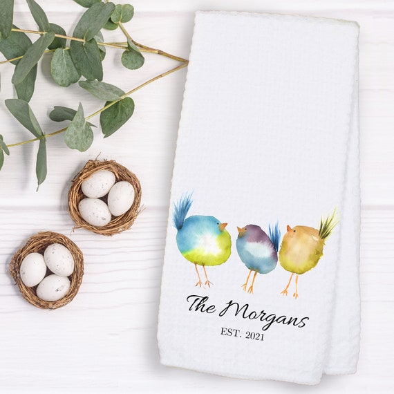 Happy Spring Three Birds Dish Towel - Original Watercolor Kitchen Towel Tea Towel Dish Towel - 16''x27''