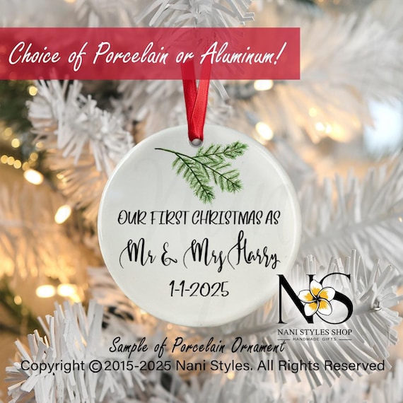 Personalized First Christmas Ornament: Custom Date, Family Name, Porcelain or Aluminum