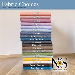 May include: A stack of fabric swatches in various colors, including Melon, Berry, and Teal Canvas. The image displays a range of cotton canvas options, with the text "Fabric Choices" at the top. The Nani Styles Shop logo is in the bottom right corner.