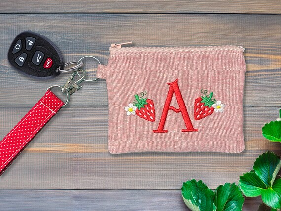Personalized Keychain Wristlet Credit Card Wallet Coin Pouch Strawberry Flowers in Linen Cotton Fabrics