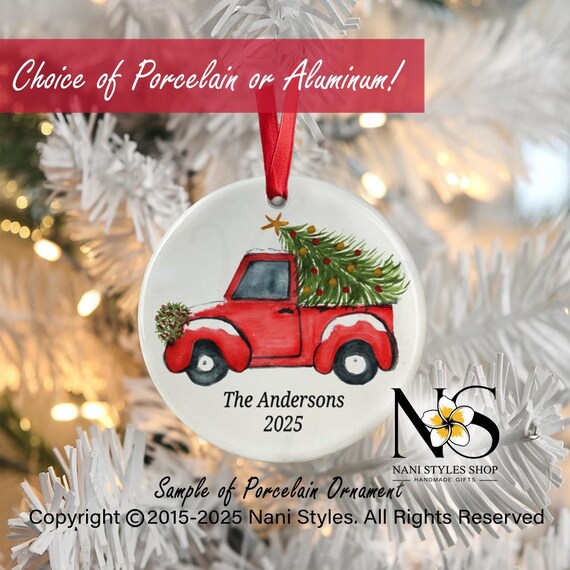 Personalized Red Truck Christmas Ornament: Watercolor Tree, Custom Family Gift